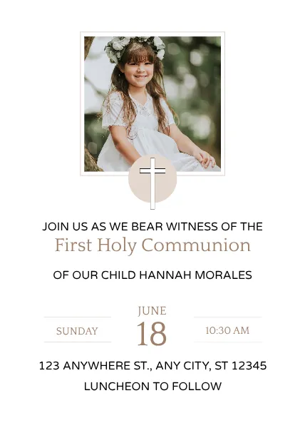 Tan White Minimalist Modern Photo Cross First Communion Invitation