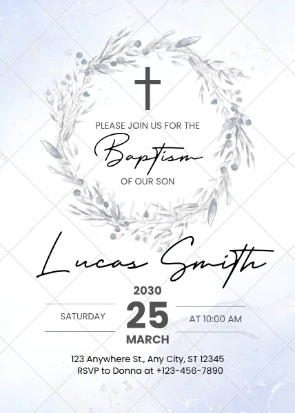 Blue and White Minimalist Baptism Invitation
