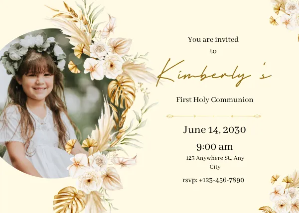 Beige And Gold Floral Watercolor First Communion Greeting Invitation