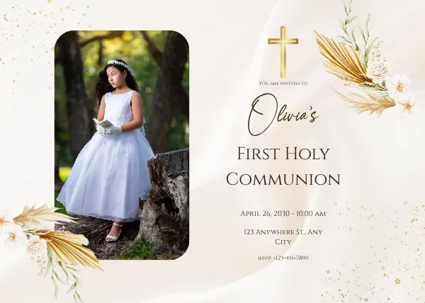 Beige And Brown Floral Watercolor Illustrative First Holy Communion Invitation