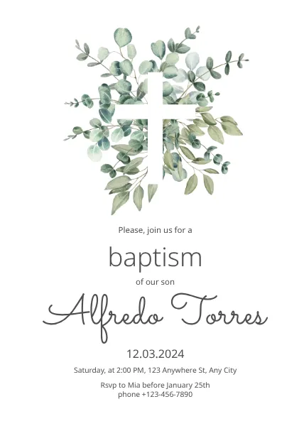 Green rustic Baptism child invitation