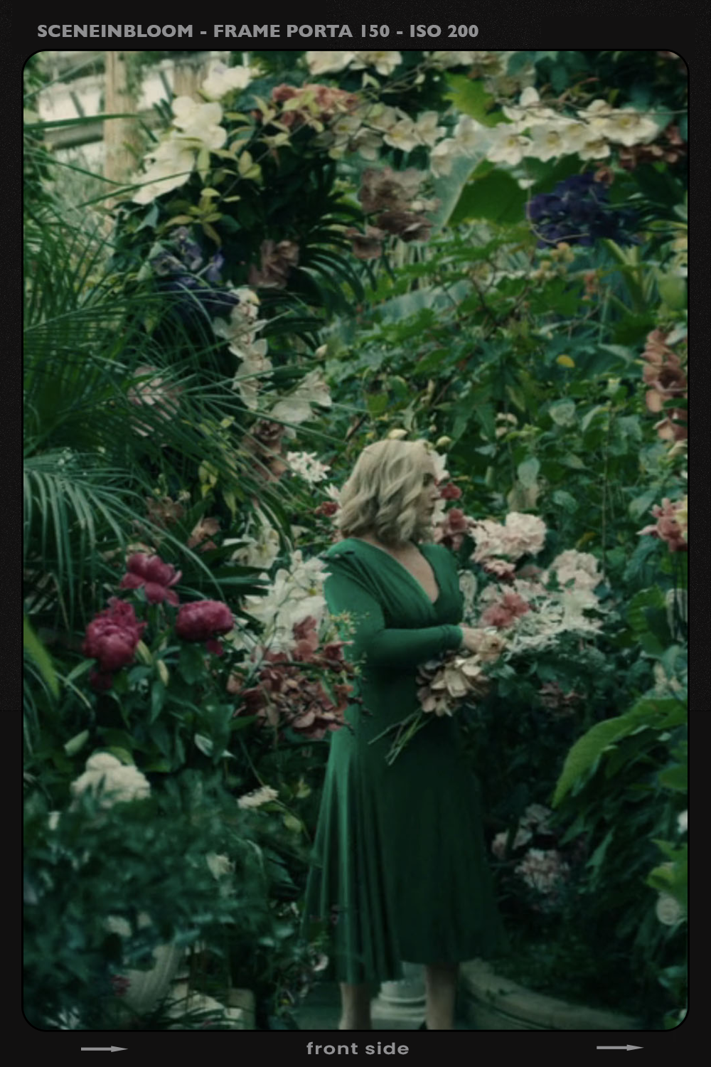 Elena's vibrant green, surrounded by fading orchids. Costume as a fragile performance.